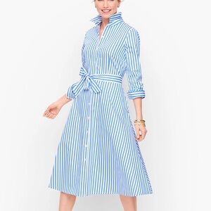 Talbots Blue & White Striped Long-Sleeve Shirt Dress w/ Waist Tie Cotton Pockets